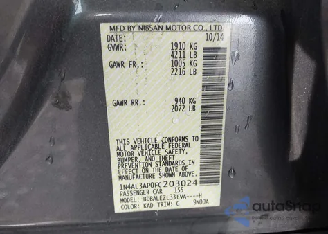 2015 Nissan Altima 2.5 S z USA, uszkodzony, nr VIN 1N4AL3AP0FC203024